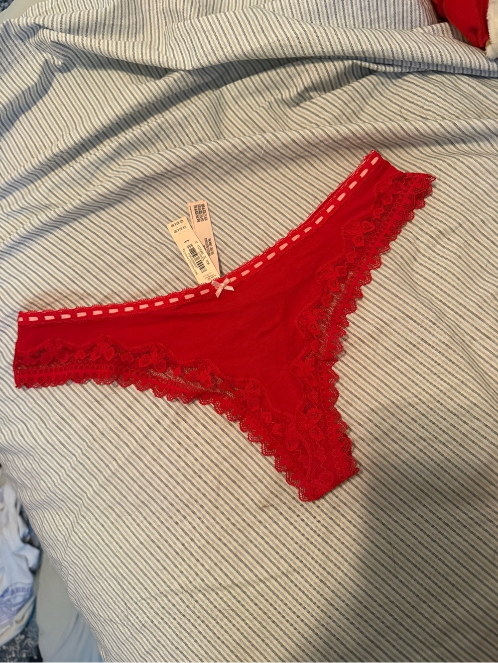 Victoria’s Secret Cotton Ribbon Slot Bow Lace Thong Panty - Small